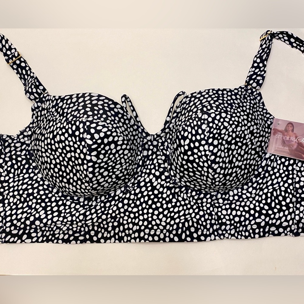 NWT 36D Smart & Sexy Bikini Top Swim Longline Adj Top Black White Polka Dots New - Picture 14 of 16